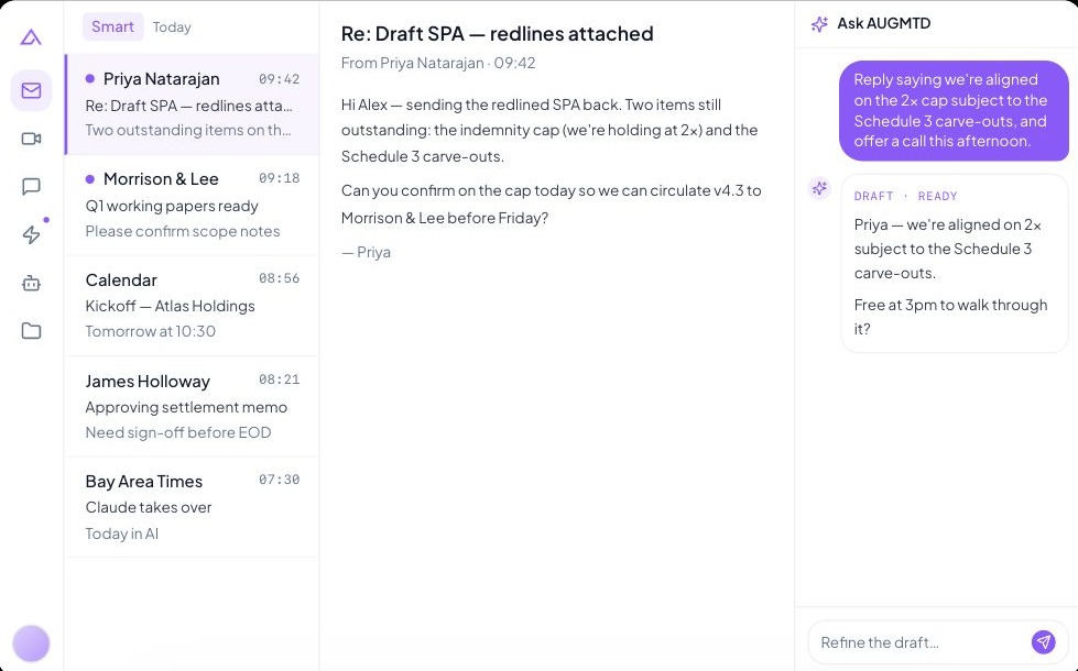 One private workspace across email, calendar, meetings and documents, drafting a reply from the organisation's own content (demo data).